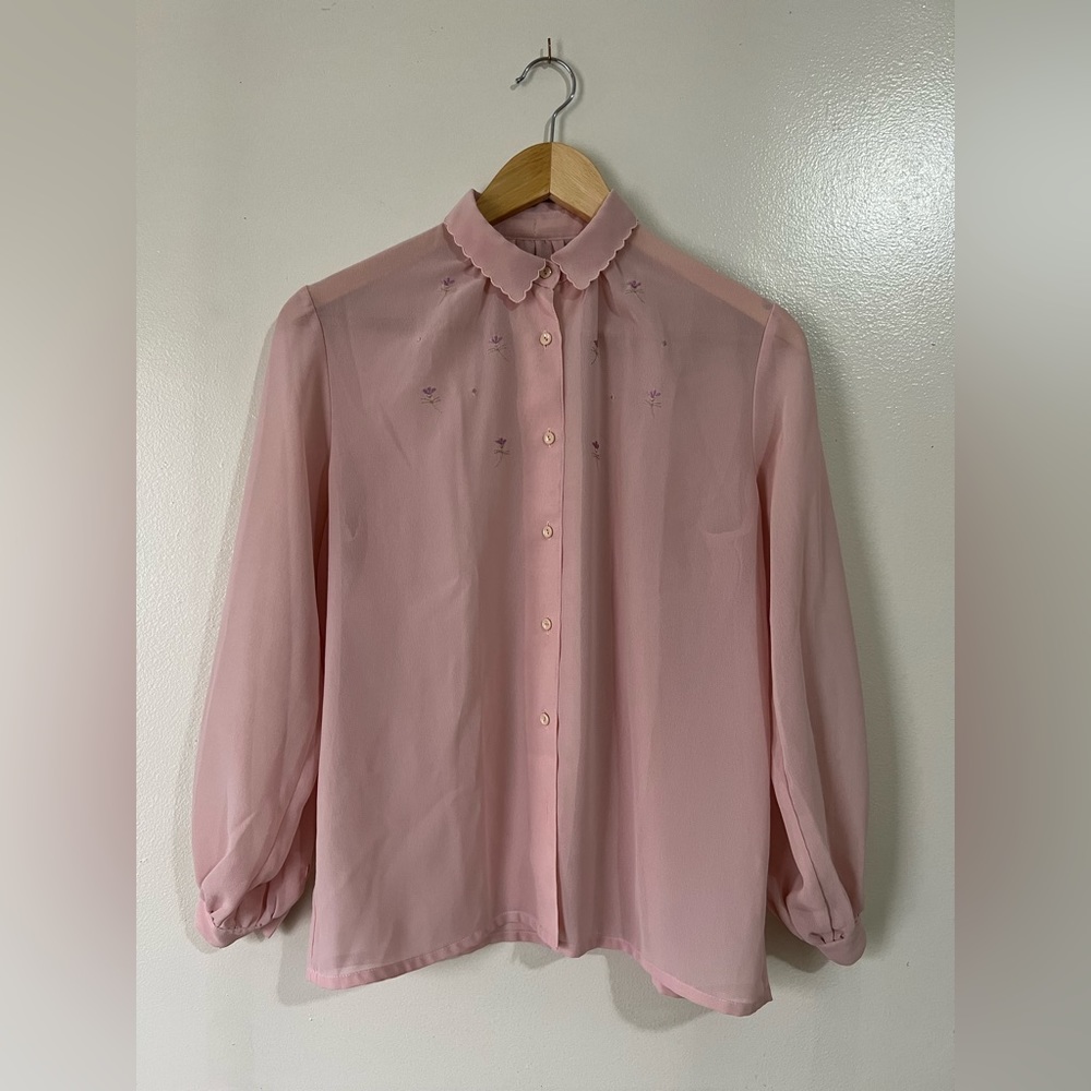 VINTAGE - 90's Lightweight Blouse with Lilac Flower Embroidery